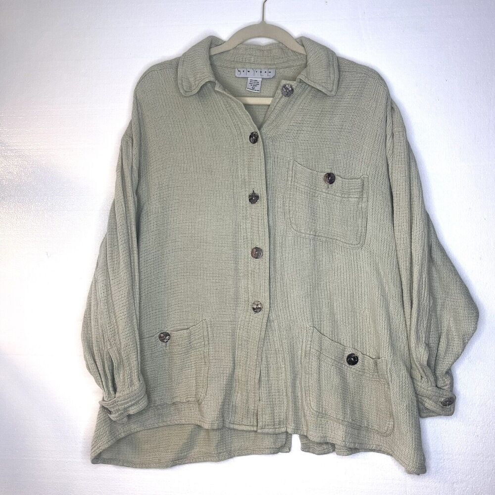 Style New York Green Button Down Linen Blend Knit Chore Coat Jacket size large